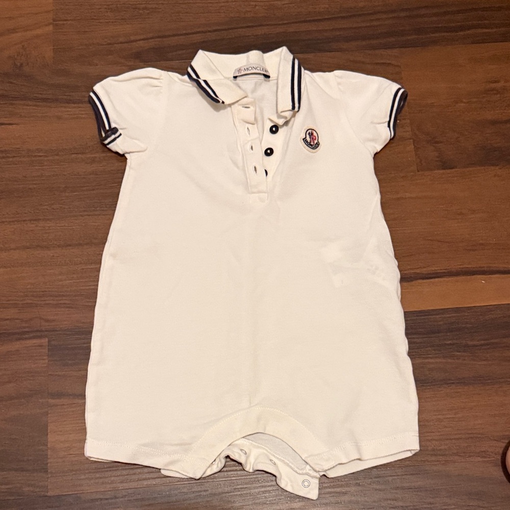 Moncler White Baby Polo Romper with Navy Stripe Trim